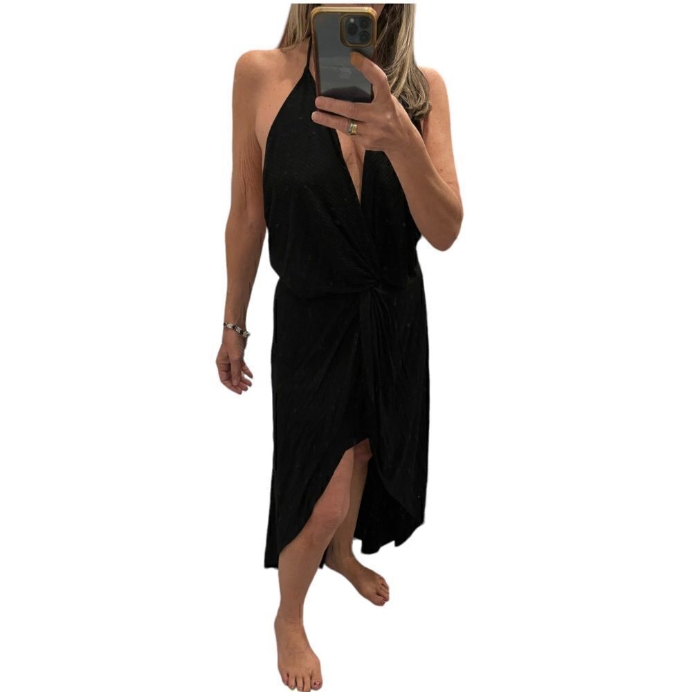 Free people Beach Black Deep V Neck Open Back Midi Dress.Size M